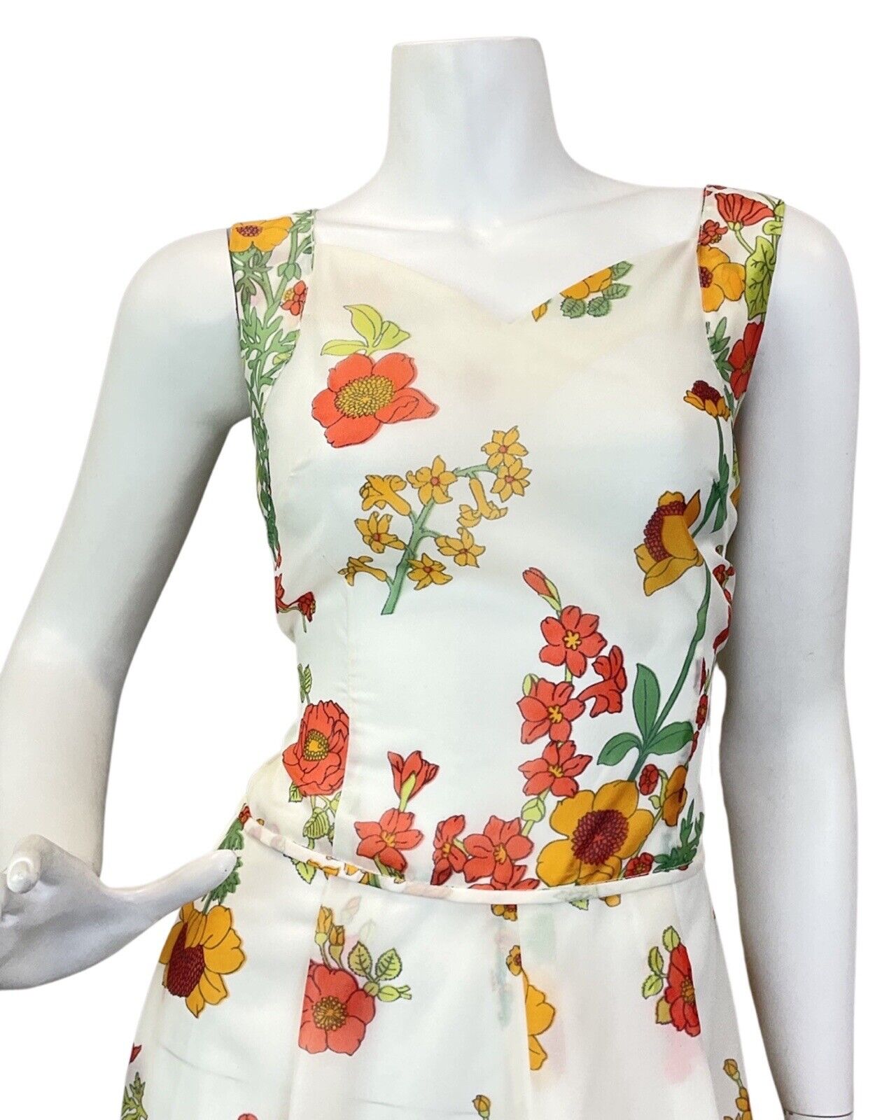 VINTAGE 60s 70s WHITE RED GREEN FLORAL GARDEN SLEEVELESS MAXI DRESS 8