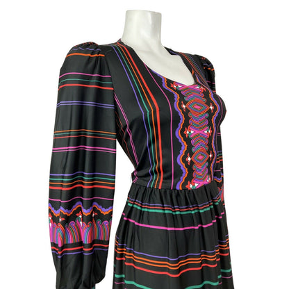 VINTAGE 60s 70s BLACK PINK GREEN ORANGE PSYCHEDELIC STRIPED BOHO MIDI DRESS 8