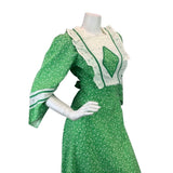VINTAGE 60s 70s APPLE GREEN WHITE FLORAL DITSY LACE BOHO PRAIRIE MAXI DRESS 8 10