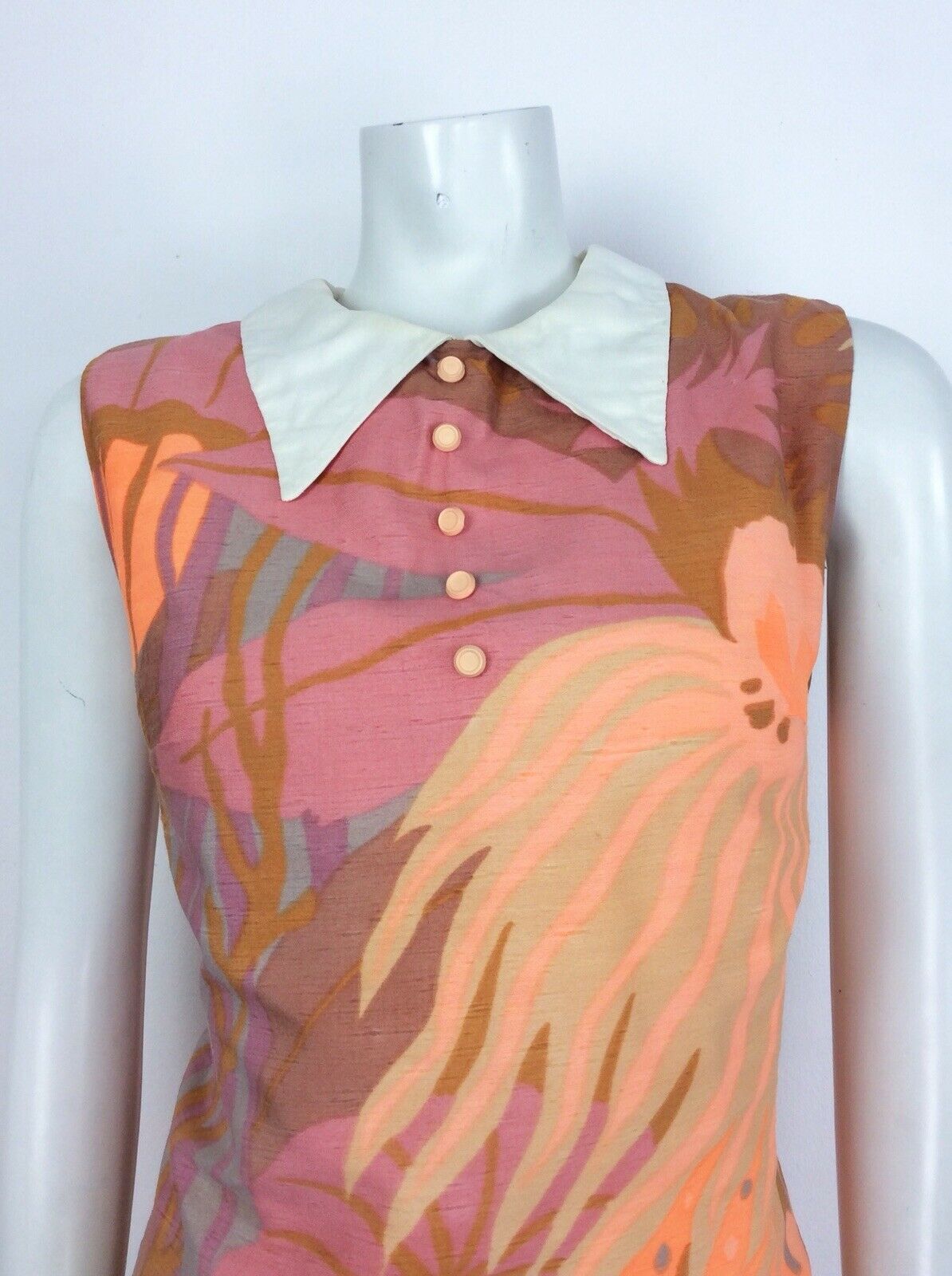 VINTAGE 60s 70s ABSTRACT FLORAL SHIFT DRESS ORANGE PURPLE PINK GOLD 12