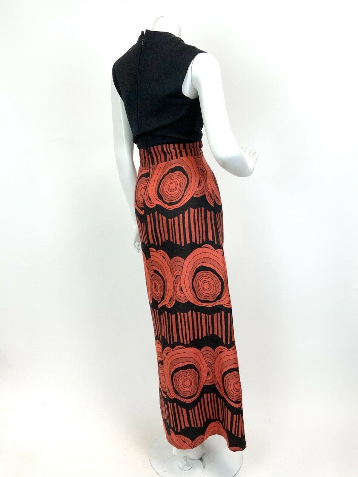 VTG 60s 70s BLACK ORANGE PSYCHEDELIC GEOMETRIC SLEEVELESS MOD MAXI DRESS 8 10