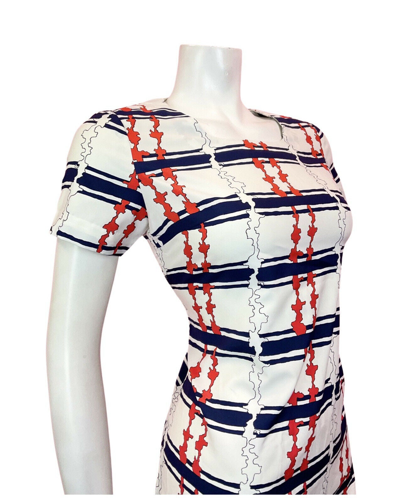 VINTAGE 60s 70s WHITE RED BLUE STRIPED MOD SCOOTER SHIFT MINI DRESS 8 10