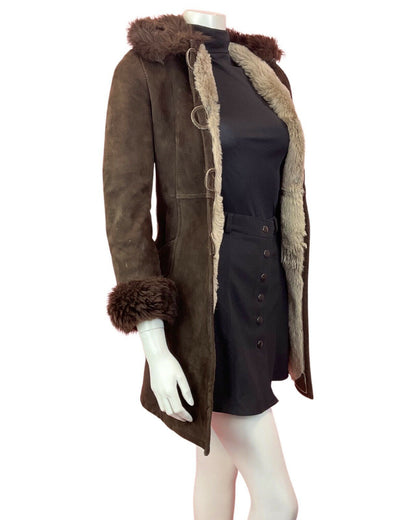 VINTAGE 60s 70s DARK BROWN SUEDE LEATHER PENNY LANE BOHO SHEARLING COAT 6 8