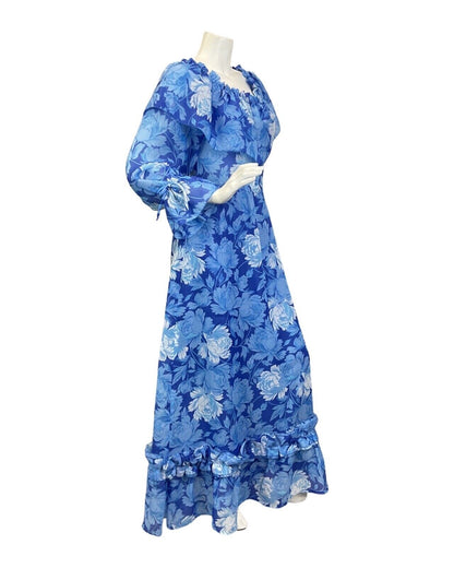 VINTAGE 60s 70s BLUE WHITE PSYCHEDELIC FLORAL RUFFLED PRAIRIE BOHO MAXI DRESS 8