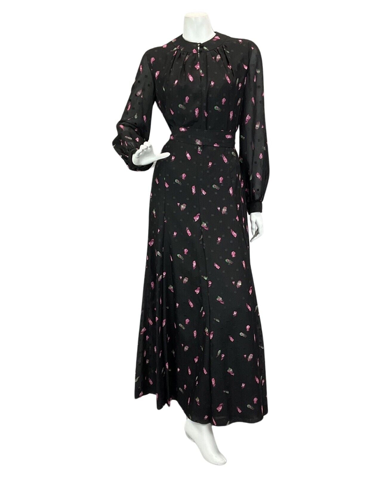 VINTAGE 60s 70s BLACK PINK GREEN FLOWER PRINT BOHO EVENING MAXI DRESS 12