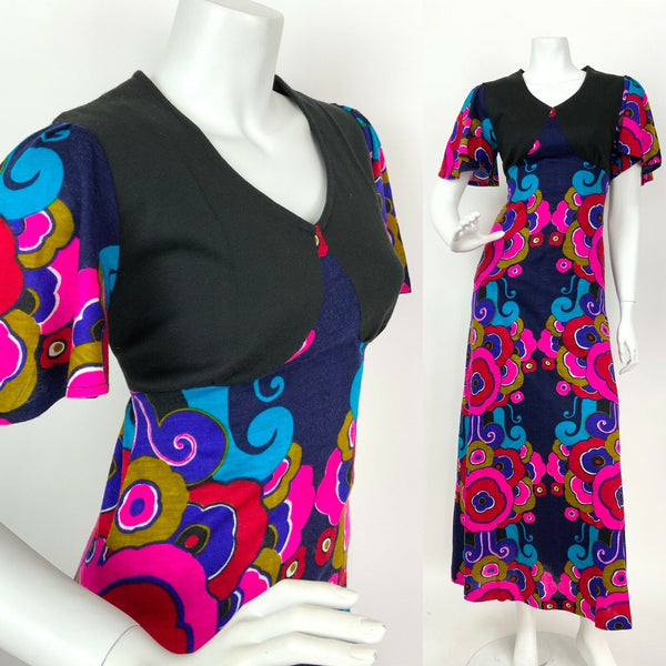 VTG 60s 70s BLUE BLACK PINK GOLD RED PSYCHEDELIC FLORAL SWIRL MAXI DRESS 8 10