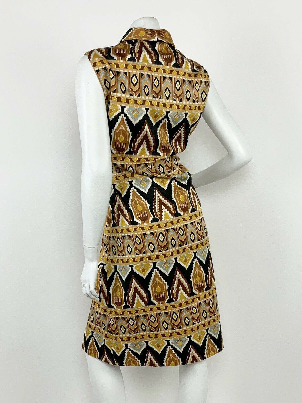 VINTAGE 60s 70s BROWN BRONZE GOLD BLACK WHITE AZTEC GEOMETRIC DRESS 12 14 16