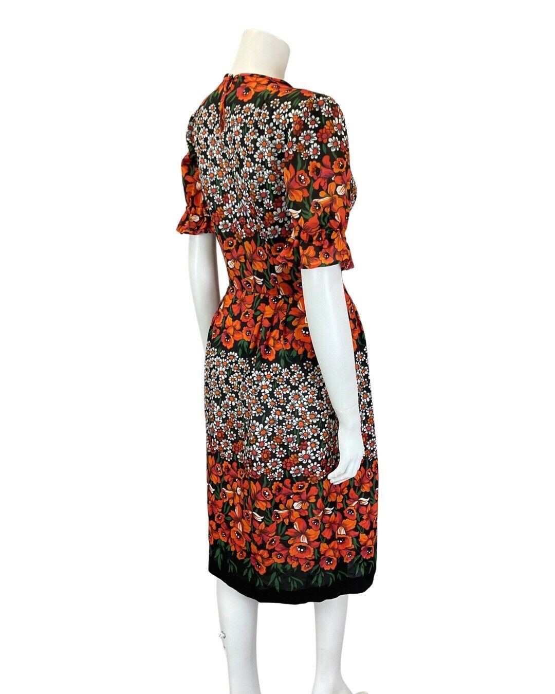 VINTAGE 60s 70s BLACK ORANGE GREEN FLORAL DAISY PUFF SLEEVE MIDI DRESS 8