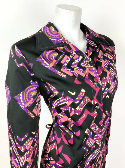 VINTAGE 60s 70s BLACK PINK PURPLE PAISLEY ZIGZAG PSYCHEDELIC SHIRT DRESS 12 14