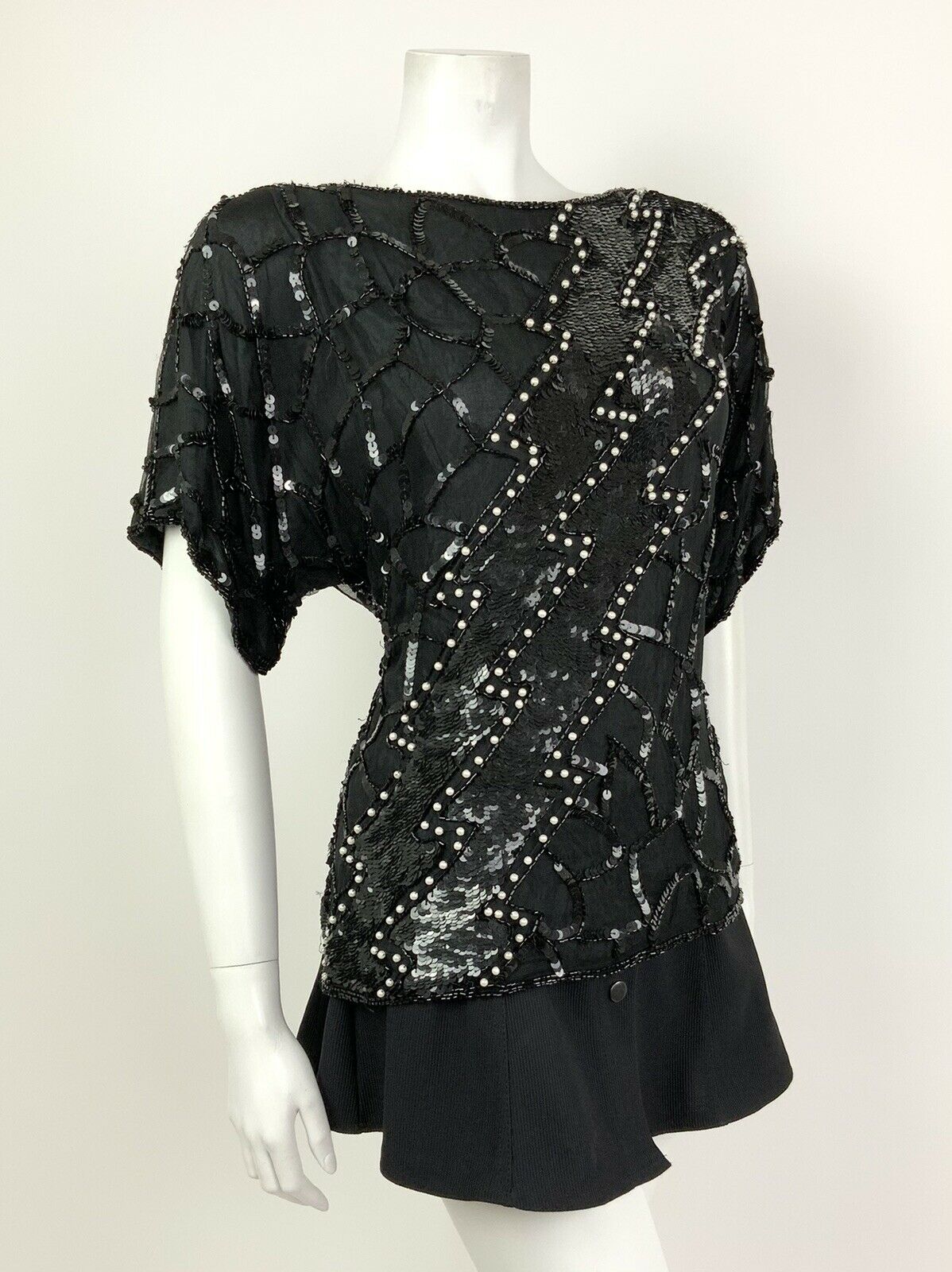 VINTAGE 70s 80s BLACK WHITE SEQUIN BEADED PEARL DISCO PARTY BLOUSE TOP 12 14 16