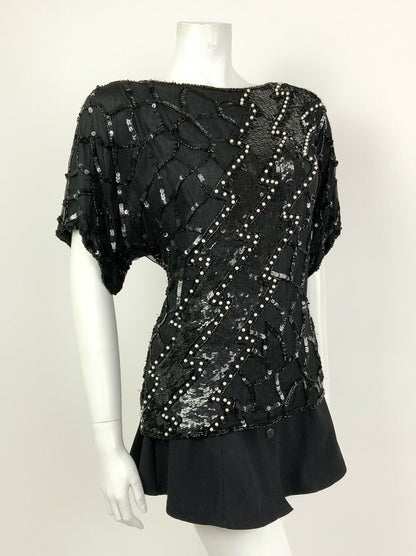 VINTAGE 70s 80s BLACK WHITE SEQUIN BEADED PEARL DISCO PARTY BLOUSE TOP 12 14 16