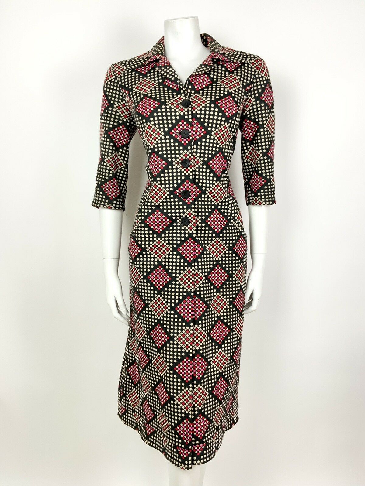 VINTAGE 60s 70s BLACK WHITE RED PINK POLKA-DOT CHECKED DAGGER SHIRT DRESS 14 16