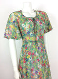 VINTAGE 60s 70s GREEN WHITE PSYCHEDELIC FLORAL BELL SLEEVE TEA DRESS 8