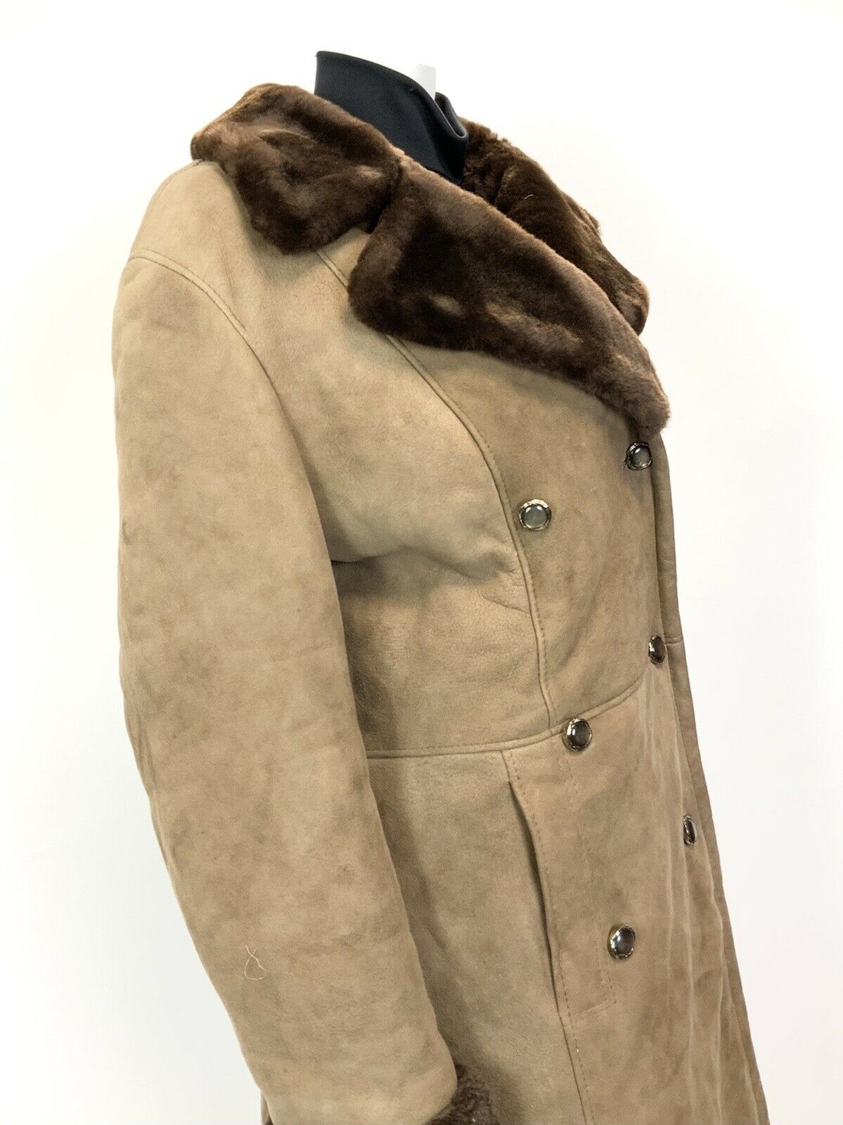 VINTAGE 60s 70s CAMEL BROWN SUEDE SHEARLING DOUBLE-BREASTED LONG COAT 16 18