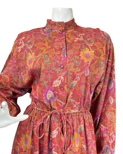 VINTAGE 70s RED PURPLE GREEN FLORAL PAISLEY BOHO LONGSLEEVE MAXI DRESS 10 12