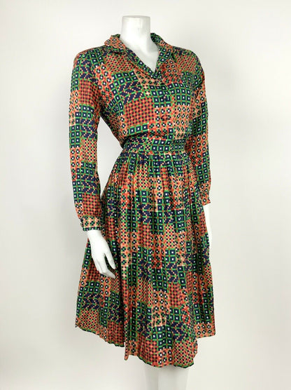 VINTAGE 60s 70s GREEN BLUE PEACH RED GEOMETRIC CHECKED PLEATED SHIRT DRESS 14 16