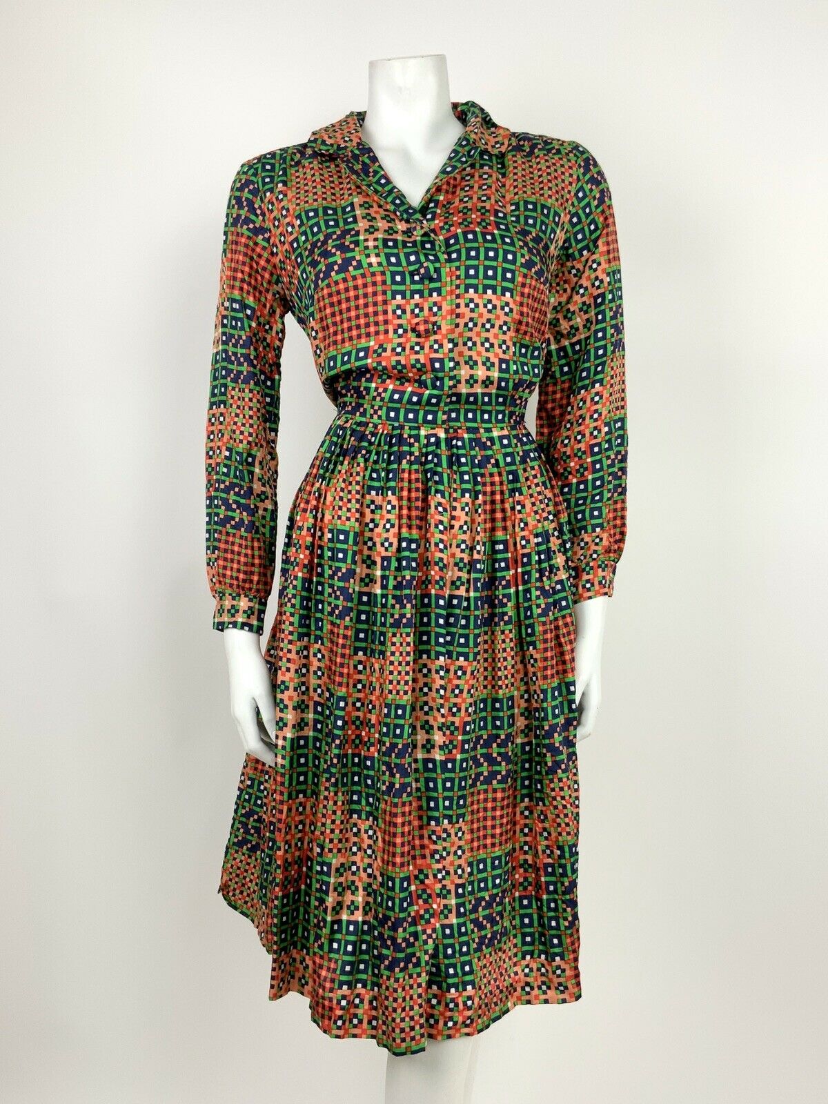 VINTAGE 60s 70s GREEN BLUE PEACH RED GEOMETRIC CHECKED PLEATED SHIRT DRESS 14 16