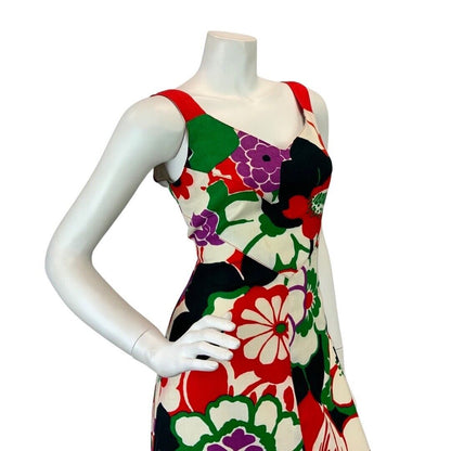 VINTAGE 60s 70s WHITE RED GREEN PSYCHEDELIC FLORAL SLEEVELESS MAXI DRESS 10