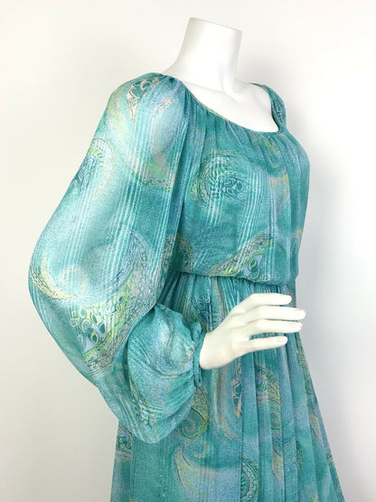 VINTAGE 60s 70s BLUE PEACH LILAC GREEN BOTEH PAISLEY SHEER BOHO MAXI DRESS 10 12