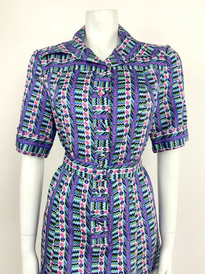 VTG 70s PURPLE PINK TEAL BLACK WHITE CHEVRON GEOMETRIC SHIRT DRESS 12 14 16