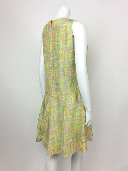 VINTAGE 60s 70s ABSTRACT FLORAL GREEN PINK PURPLE PSYCHEDELIC ACID DRESS 10 12