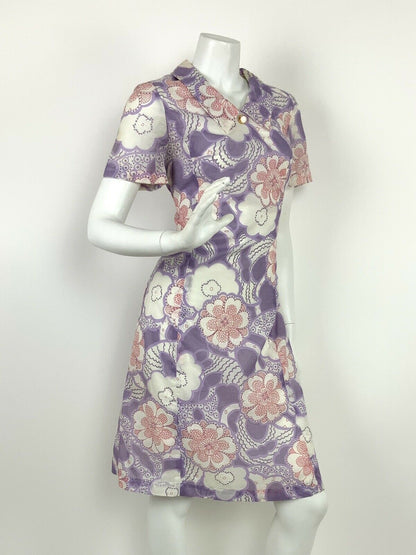 VINTAGE 60s 70s WHITE PINK PURPLE FLORAL DAISY PAISLEY PSYCHEDELIC DRESS 12 14