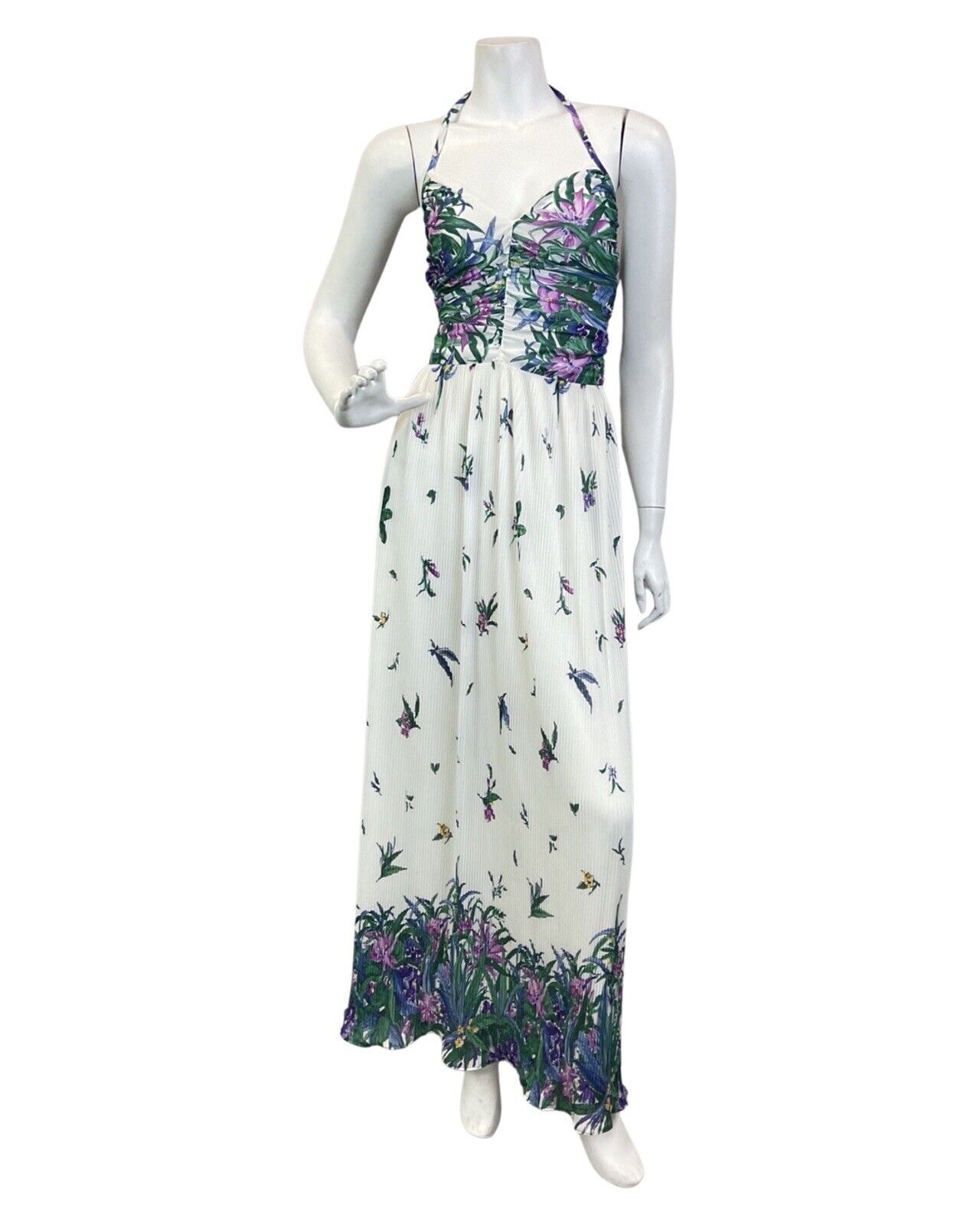 VINTAGE 60s 70s WHITE BLUE PURPLE PLEATED FLORAL SUMMER HALTER MAXI DRESS 10