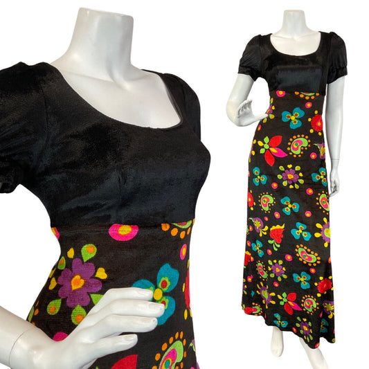 VINTAGE 60s 70s BLACK BLUE PINK FLOWER POWER MOD EMPIRE VELVET MAXI DRESS 10 12