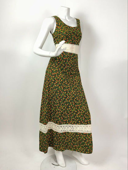 VTG 60s 70s GREEN ORANGE BLACK FLORAL DITSY LACE BOHO PRAIRIE MAXI DRESS 8 10