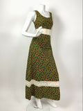 VTG 60s 70s GREEN ORANGE BLACK FLORAL DITSY LACE BOHO PRAIRIE MAXI DRESS 8 10