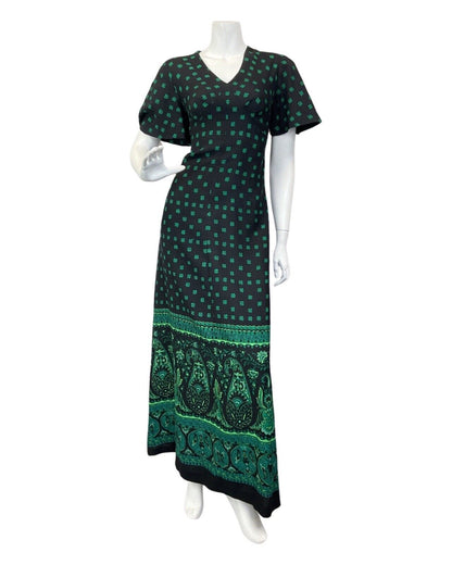 VINTAGE 60s 70s BLACK GREEN FLORAL PAISLEY MANDALA BOHO MAXI DRESS 10 12