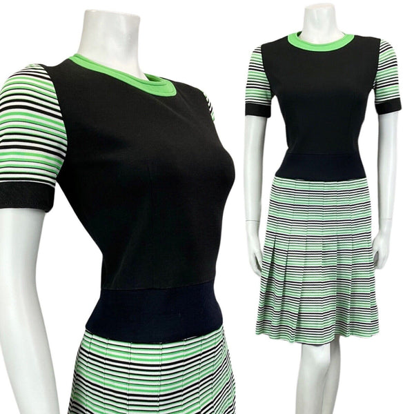 VINTAGE 60s 70s BLACK GREEN WHITE STRIPED PLEATED MIDI MOD DRESS 12