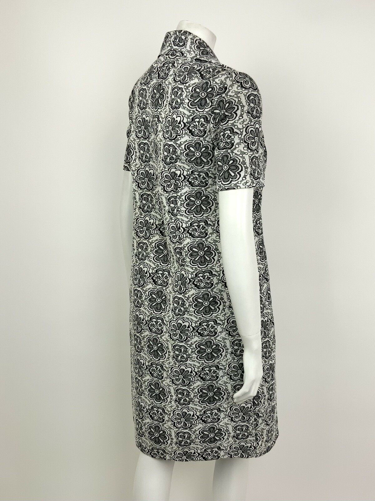 VINTAGE 60s 70s WHITE BLACK GOLD DOUBLE-BREASTED FLORAL SHIRT DRESS 10 12