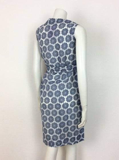 VTG 60S 70S BLUE WHITE FLOWER GEOMETRIC PRINT BUTTON UP DRESS 12