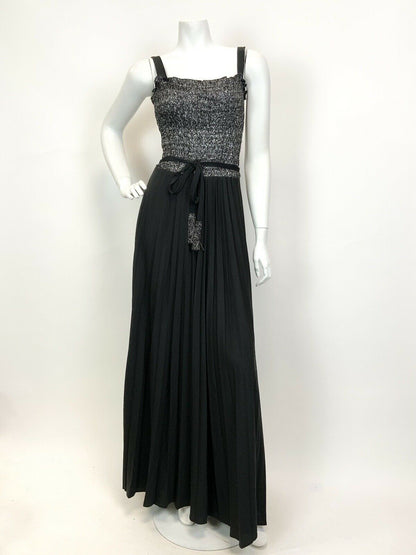 VINTAGE 60s 70s BLACK SILVER DISCO GLAM STUDIO 54 PARTY STRAPPY MAXI DRESS 6 8