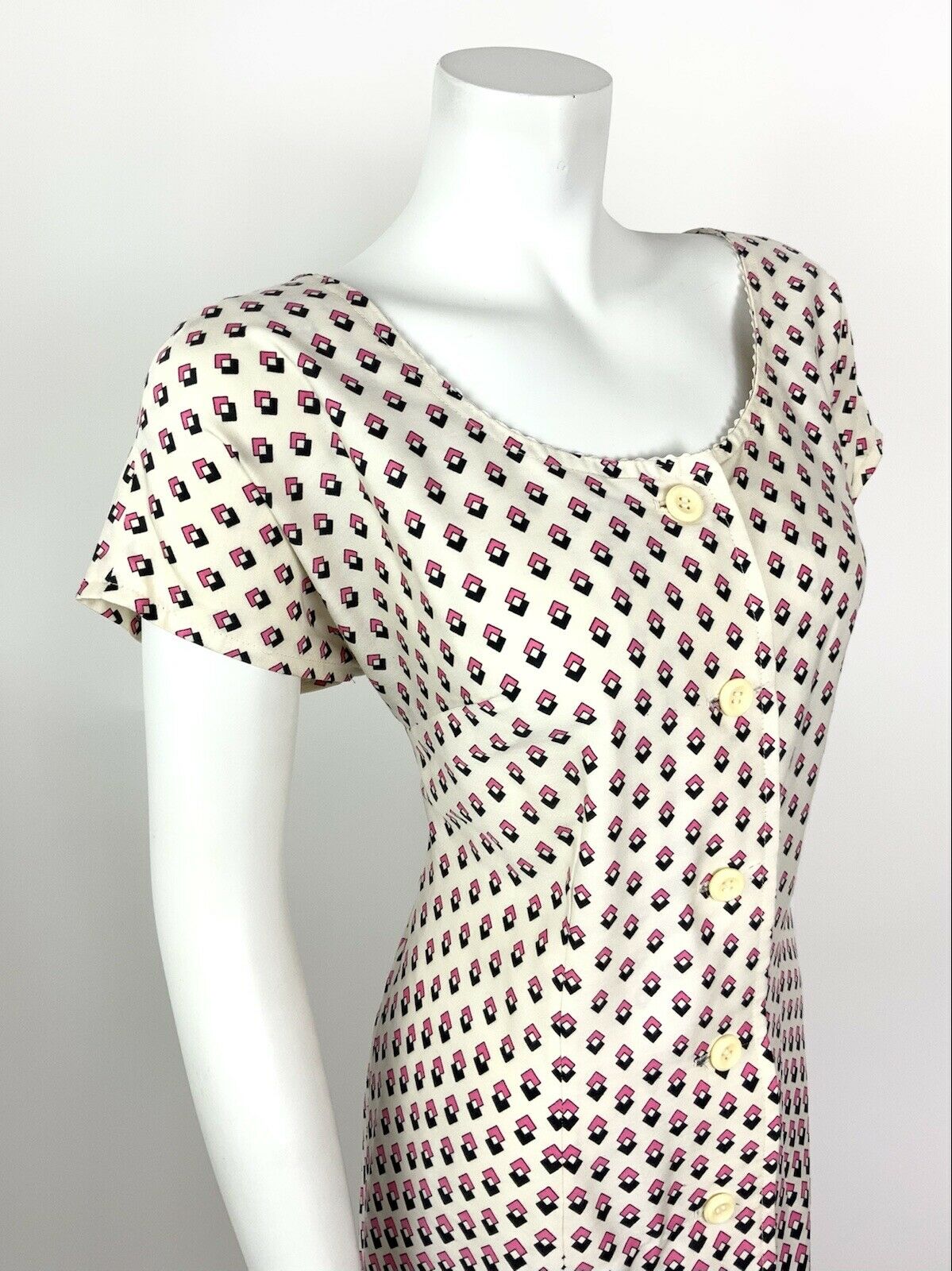 VINTAGE 60s 70s WHITE PINK BLACK GEOMETRIC SQUARE MIDI DRESS 14 16