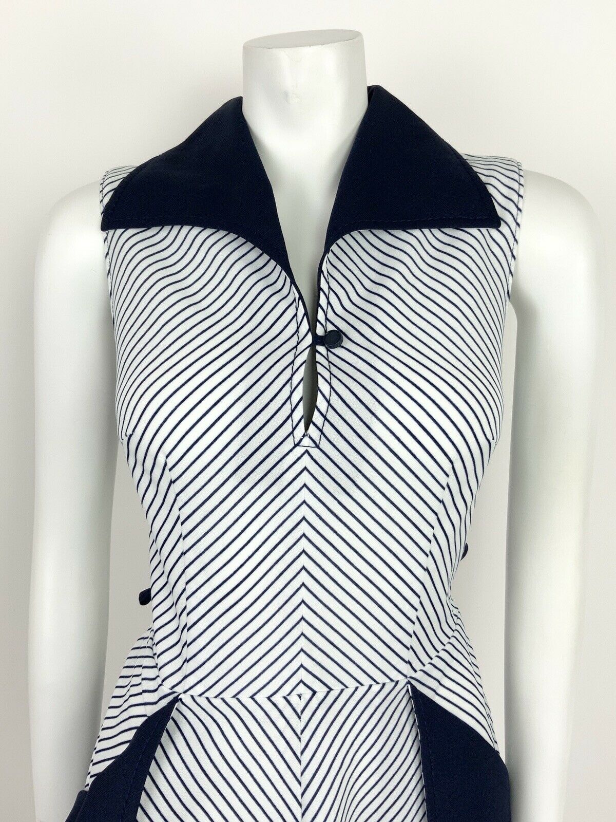 VINTAGE 60s 70s NAVY BLUE WHITE STRIPED OP-ART WING COLLAR SUN DRESS 10