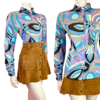 VTG 60s 70s SILVER BLUE PURPLE BLACK PSYCHEDELIC SWIRLY MOD BLOUSE SHIRT 12 14