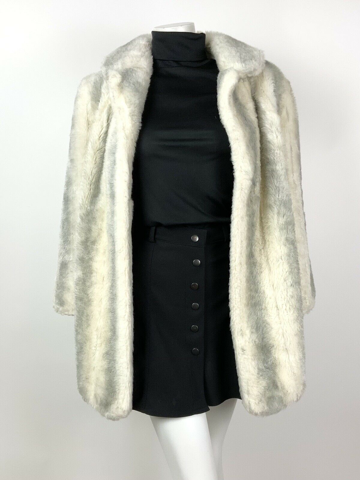 VINTAGE 60s 70s WHITE GREY BLACK STRIPED STUDIO 54 GLAM FAUX FUR COAT 14 16