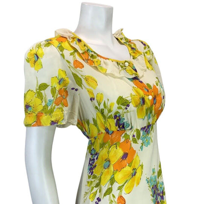 VINTAGE 60s 70s YELLOW ORANGE PURPLE BLUE FLORAL PRINT RUFFLE SUMMER DRESS 12 14