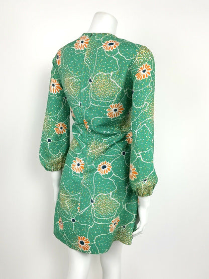 VTG 60s 70s GREEN ORANGE WHITE YELLOW ABSTRACT FLORAL DOTTY SHIFT DRESS 10 12