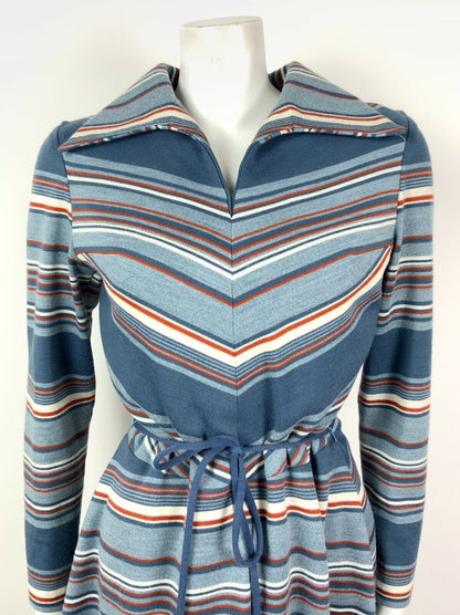 VINTAGE 60s 70s BLUE WHITE RED STRIPED WING COLLAR BELTED WOOL SWING DRESS 12