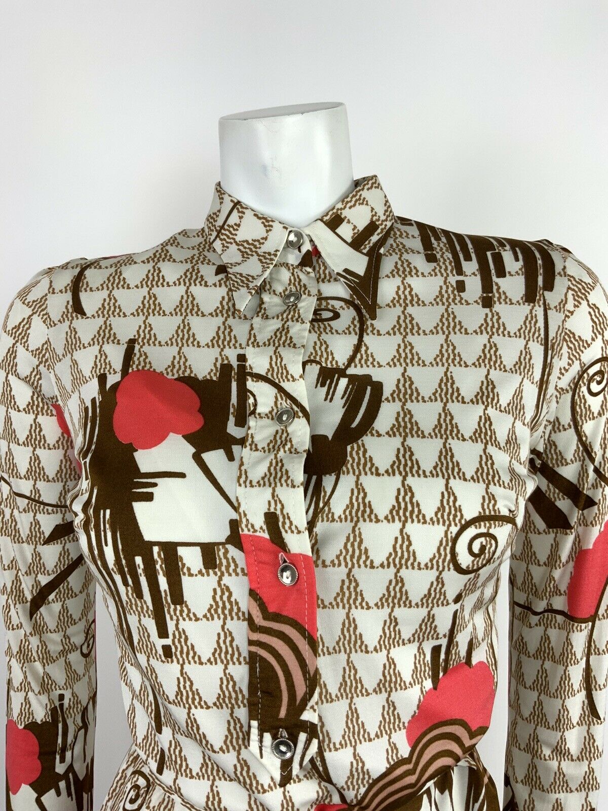 VTG 60s 70s WHITE BROWN RED PINK GEOMETRIC PSYCHDELIC ABSTRACT SHIRT DRESS 8 10