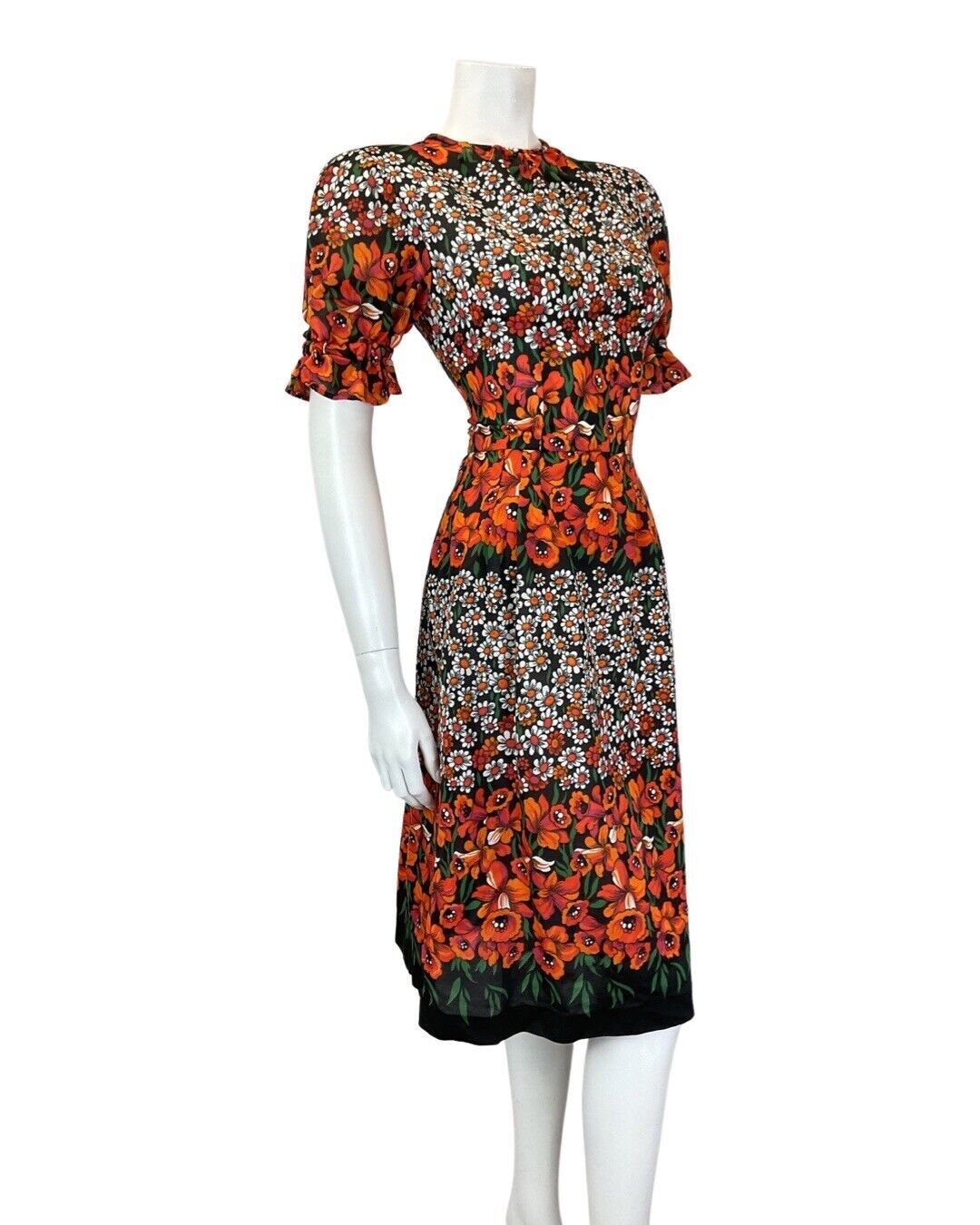 VINTAGE 60s 70s BLACK ORANGE GREEN FLORAL DAISY PUFF SLEEVE MIDI DRESS 8