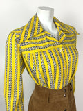 VTG 60s 70s YELLOW BLUE WHITE STRIPED DAISY FLORAL MOD DAGGER SHIRT BLOUSE 12 14