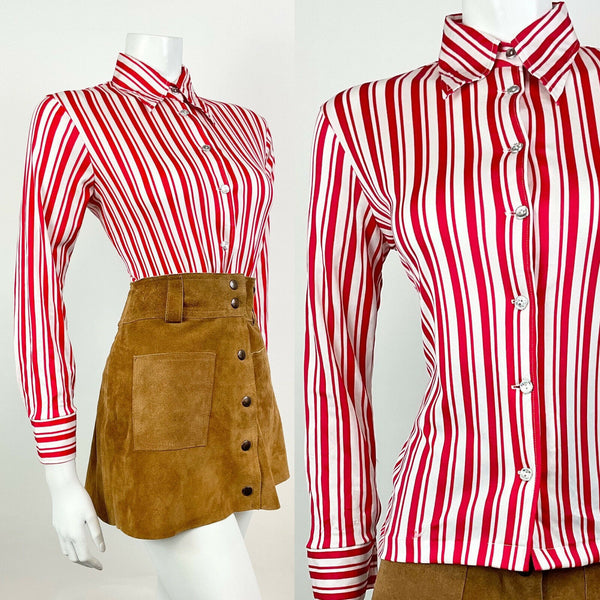 VINTAGE 60s 70s RED WHITE CANDY STRIPED MOD DAGGER SHIRT BLOUSE 12