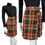 VINTAGE 60s 70s GREEN RED YELLOW TARTAN CHECKED BUCKLE MOD KILT SKIRT 6