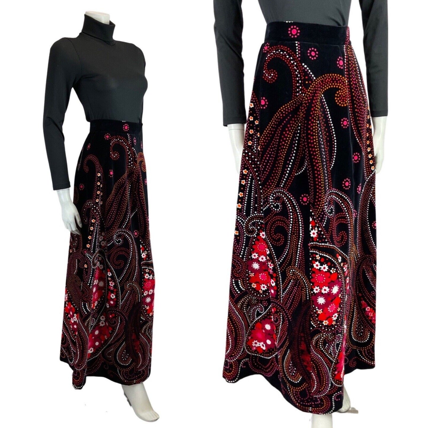 VINTAGE 60s 70s BLACK RED WHITE DOTTY DAISY PAISLEY VELVET MAXI SKIRT 4