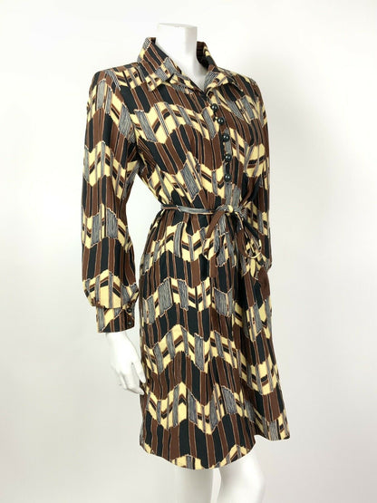 VINTAGE 60s 70s BROWN YELLOW BLACK ZIG-ZAG GEOMETROC BELTED SHIRT DRESS 12 14 16