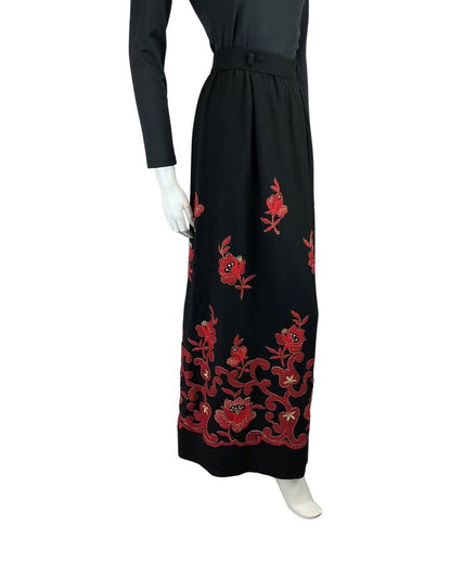 VINTAGE 60s 70s BLACK RED FLORAL EMBROIDERED BOHO FOLK WOOL MAXI SKIRT 6